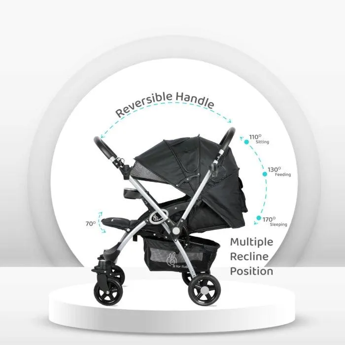 Chocolate Ride Stroller For Kids - Reversible Handle, Multiple Recline Positions, Cup Holder with Meal Tray, 5 Point Safety Harness, Storage Basket