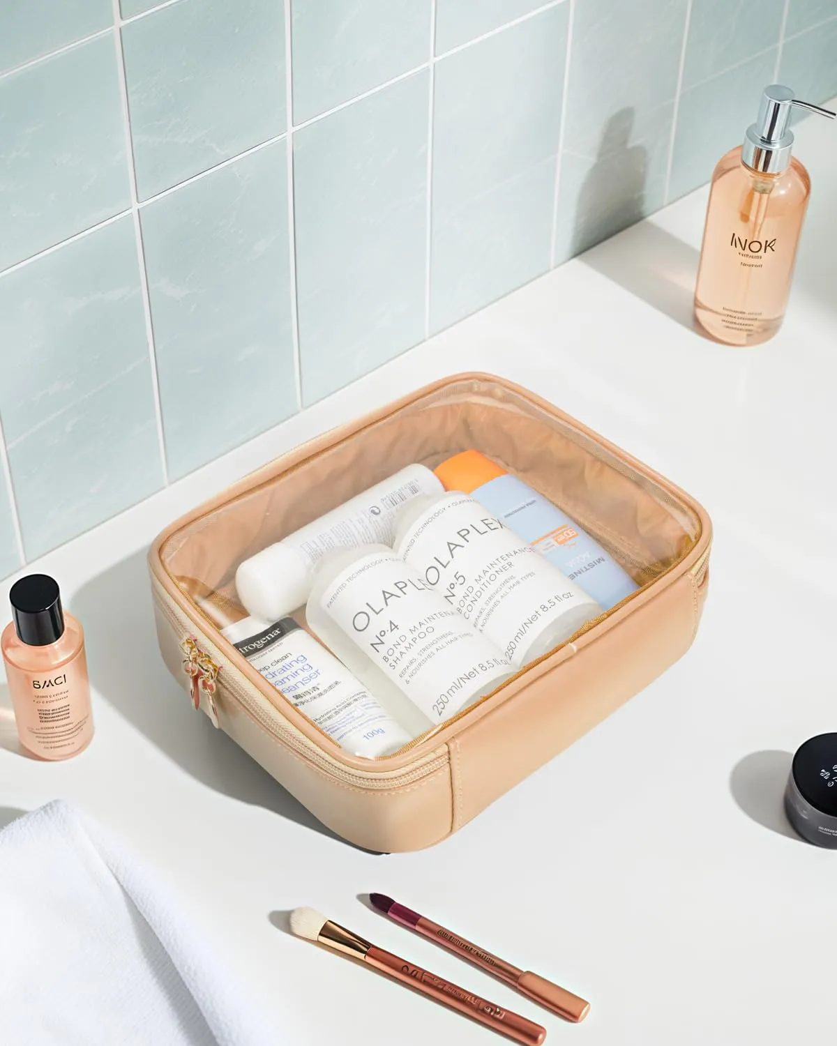 Clear Makeup Bags Large - TSA Approved Clear Toiletry Bag,Travel Size Toiletries Clear Cosmetic Bags Car Accessories Travel Essentials Travel Accessories for Women Men (Large Sand)