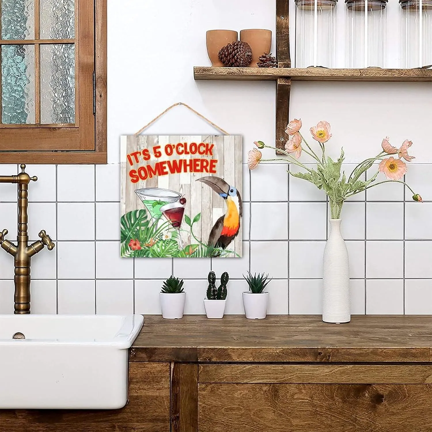 CustonCares It's Five O'clock Somewhere Wooden Signs Wall Art Motto Decor Hanging Macaw Parrot Animal Pet Signs Country Established Wood Sign for Table Living Room Front Door 12x12in