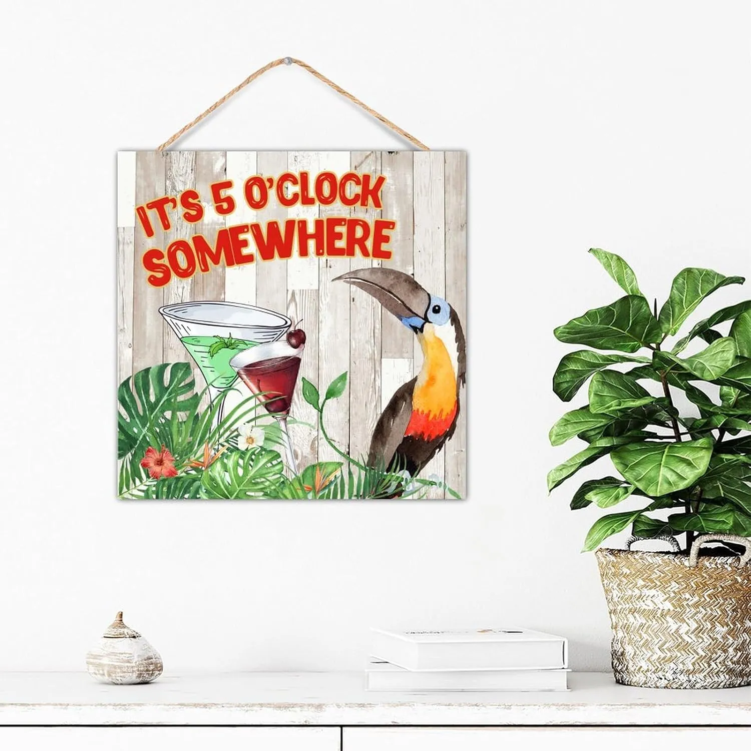 CustonCares It's Five O'clock Somewhere Wooden Signs Wall Art Motto Decor Hanging Macaw Parrot Animal Pet Signs Country Established Wood Sign for Table Living Room Front Door 12x12in