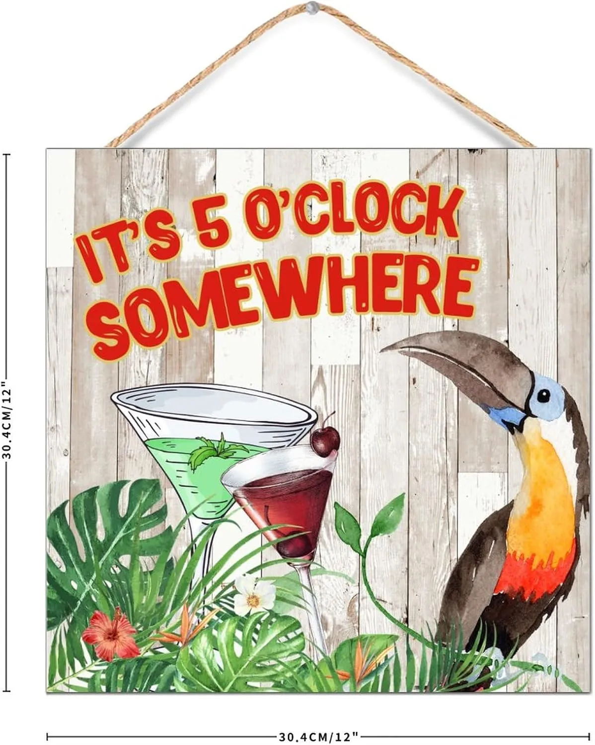 CustonCares It's Five O'clock Somewhere Wooden Signs Wall Art Motto Decor Hanging Macaw Parrot Animal Pet Signs Country Established Wood Sign for Table Living Room Front Door 12x12in