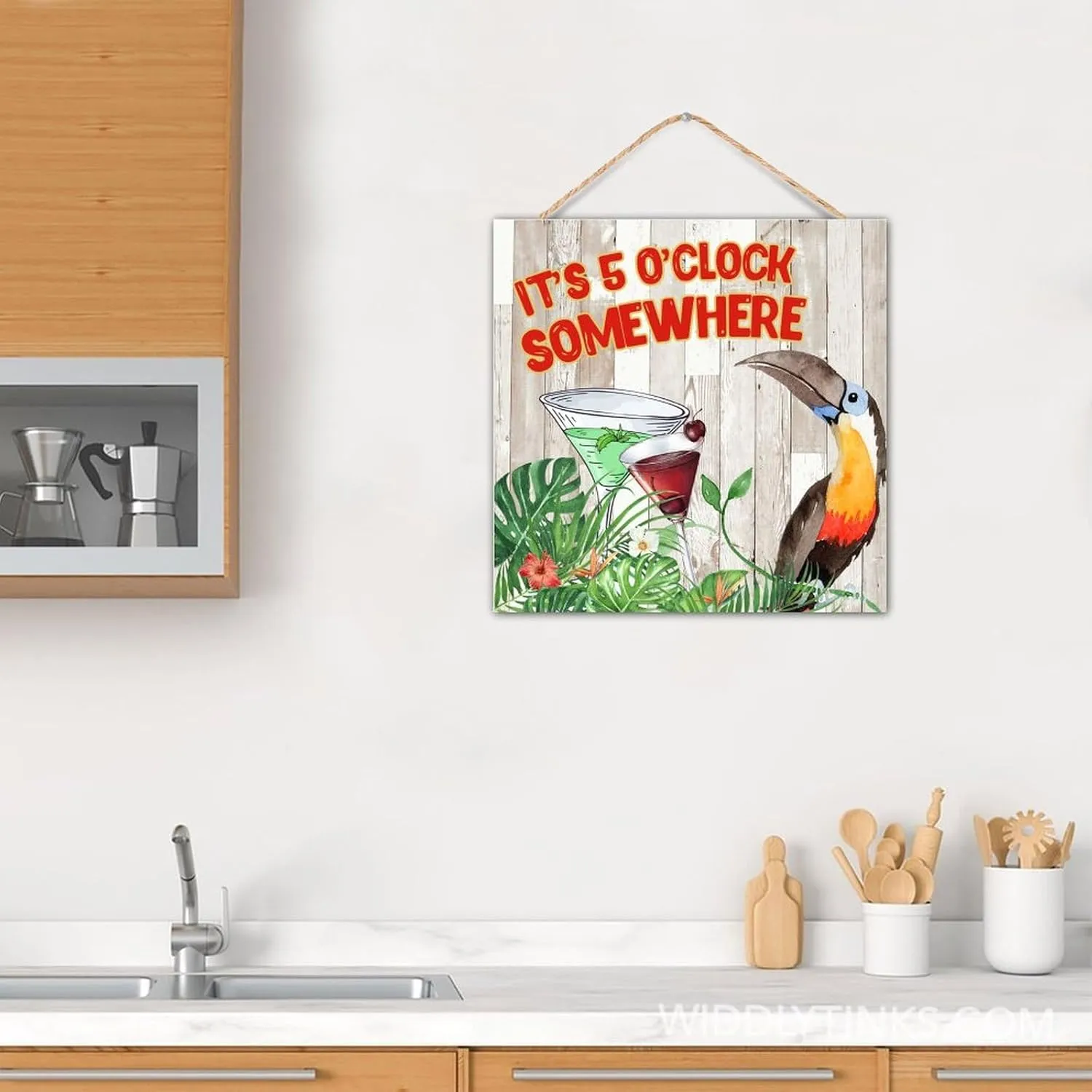 CustonCares It's Five O'clock Somewhere Wooden Signs Wall Art Motto Decor Hanging Macaw Parrot Animal Pet Signs Country Established Wood Sign for Table Living Room Front Door 12x12in
