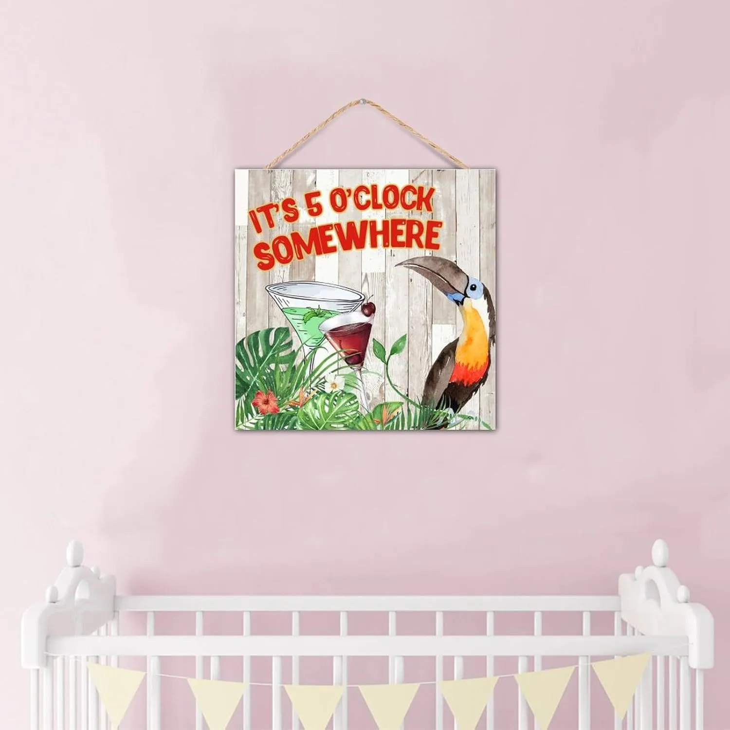 CustonCares It's Five O'clock Somewhere Wooden Signs Wall Art Motto Decor Hanging Macaw Parrot Animal Pet Signs Country Established Wood Sign for Table Living Room Front Door 12x12in