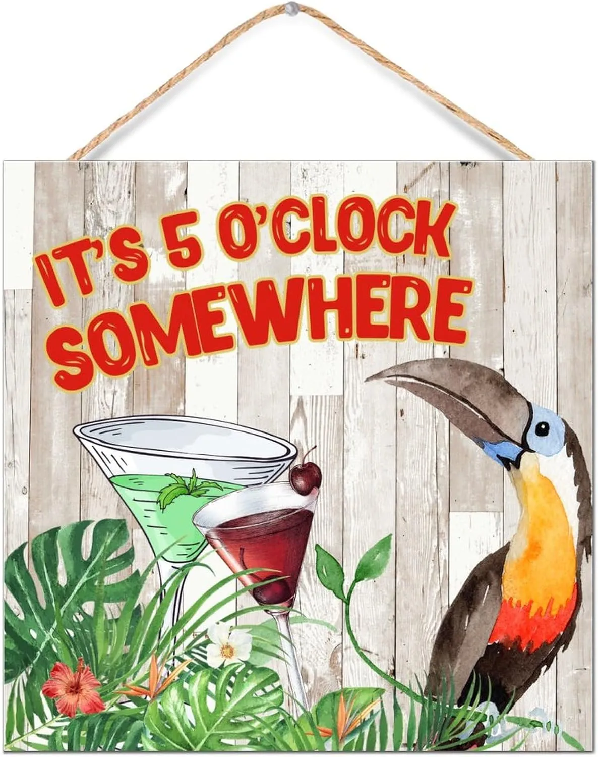 CustonCares It's Five O'clock Somewhere Wooden Signs Wall Art Motto Decor Hanging Macaw Parrot Animal Pet Signs Country Established Wood Sign for Table Living Room Front Door 12x12in