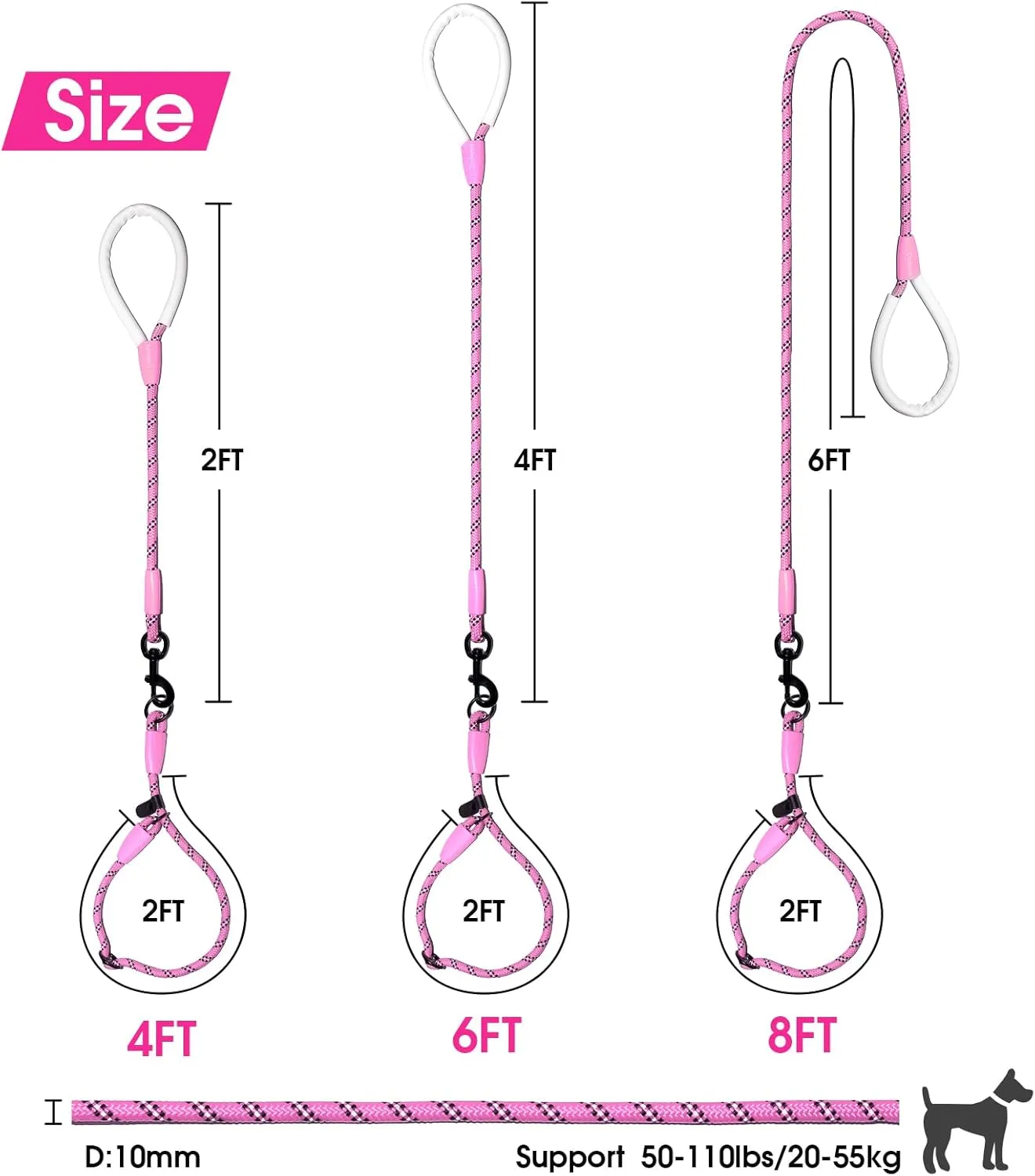 Detachable 2/5" Slip Lead, 4FT 6FT 8FT with Comfortable Silicone Handle Strong Rope for Large Medium Small Dogs No Pull Highly Reflective Pet Training (Pink-Black, 6FT)