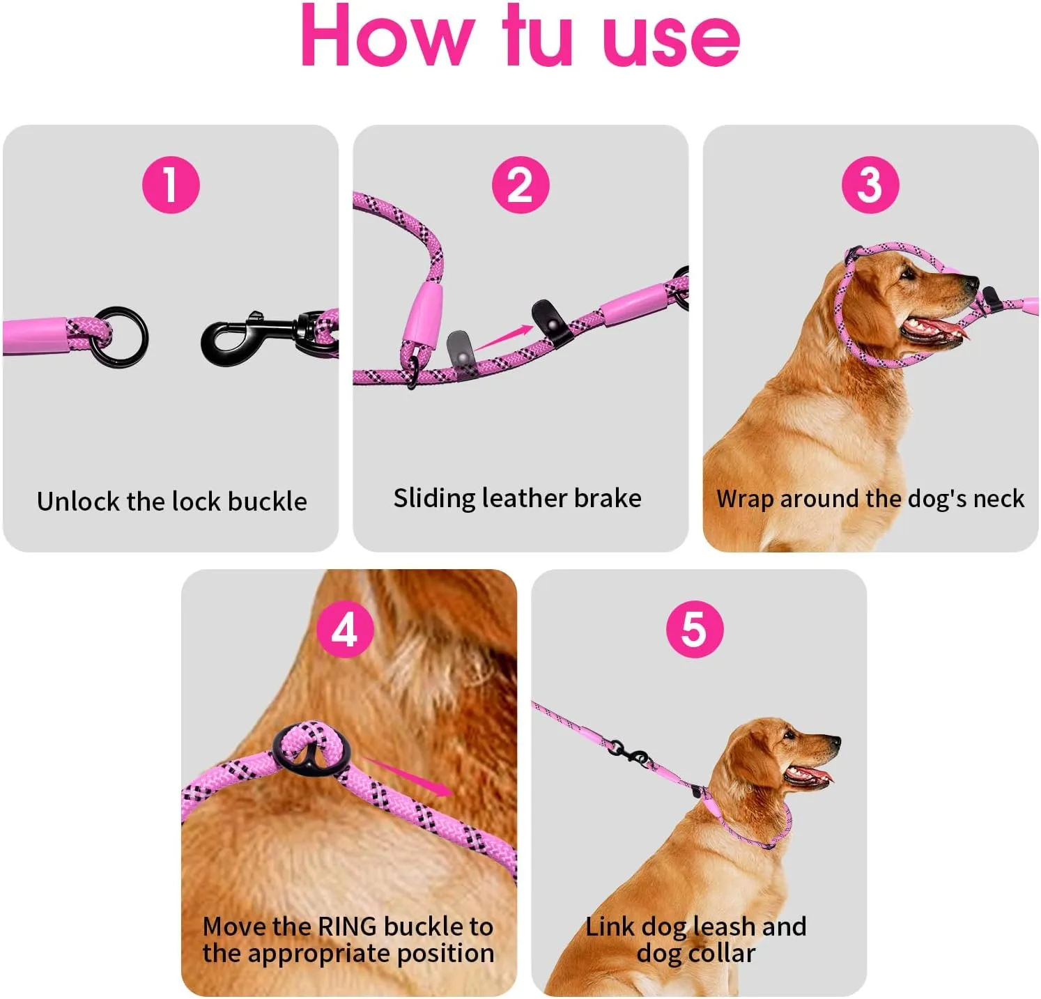 Detachable 2/5" Slip Lead, 4FT 6FT 8FT with Comfortable Silicone Handle Strong Rope for Large Medium Small Dogs No Pull Highly Reflective Pet Training (Pink-Black, 6FT)