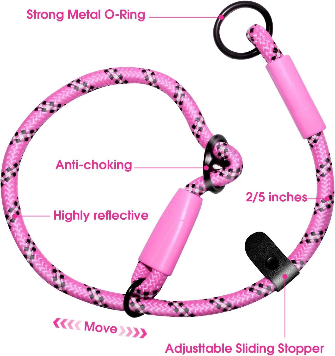 Detachable 2/5" Slip Lead, 4FT 6FT 8FT with Comfortable Silicone Handle Strong Rope for Large Medium Small Dogs No Pull Highly Reflective Pet Training (Pink-Black, 6FT)