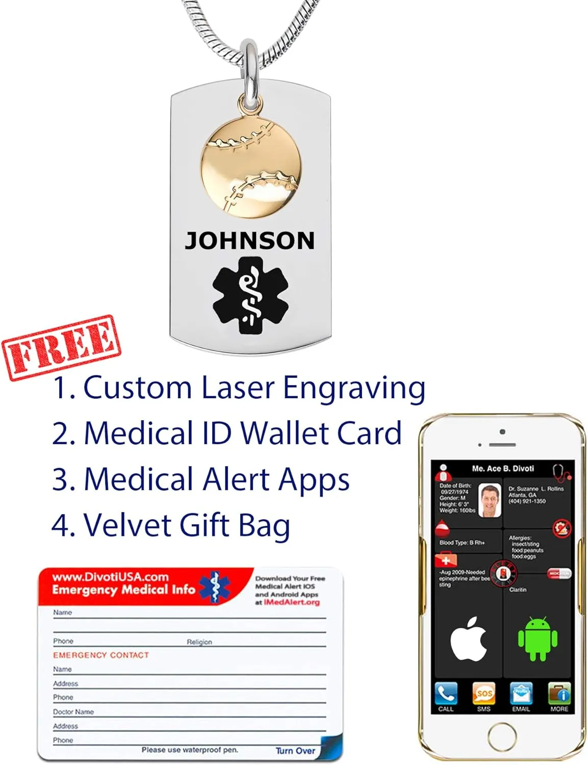 Divoti Deep Custom Laser Engraved PVD Ball Dangle Charm Medical Alert Necklace for Men/Women, Medical ID Necklace, Medical Dog Tag and (24/28 in) Chain w/Free Engraving