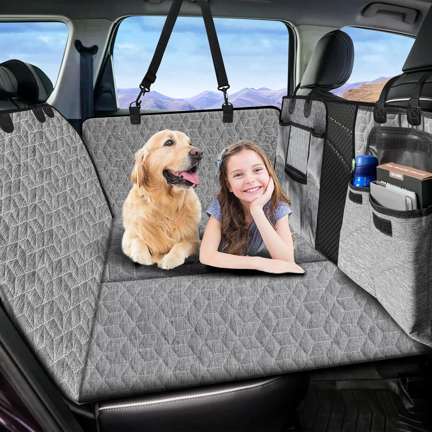 Dog Car Seat Cover Large Space for Pets 100% Waterproof Seat Cover Hammock 400lbs Heavy Duty Scratch Proof Nonslip Durable Soft Back Seat Covers for Cars Trucks and SUVs, Backseat Extender for Dogs