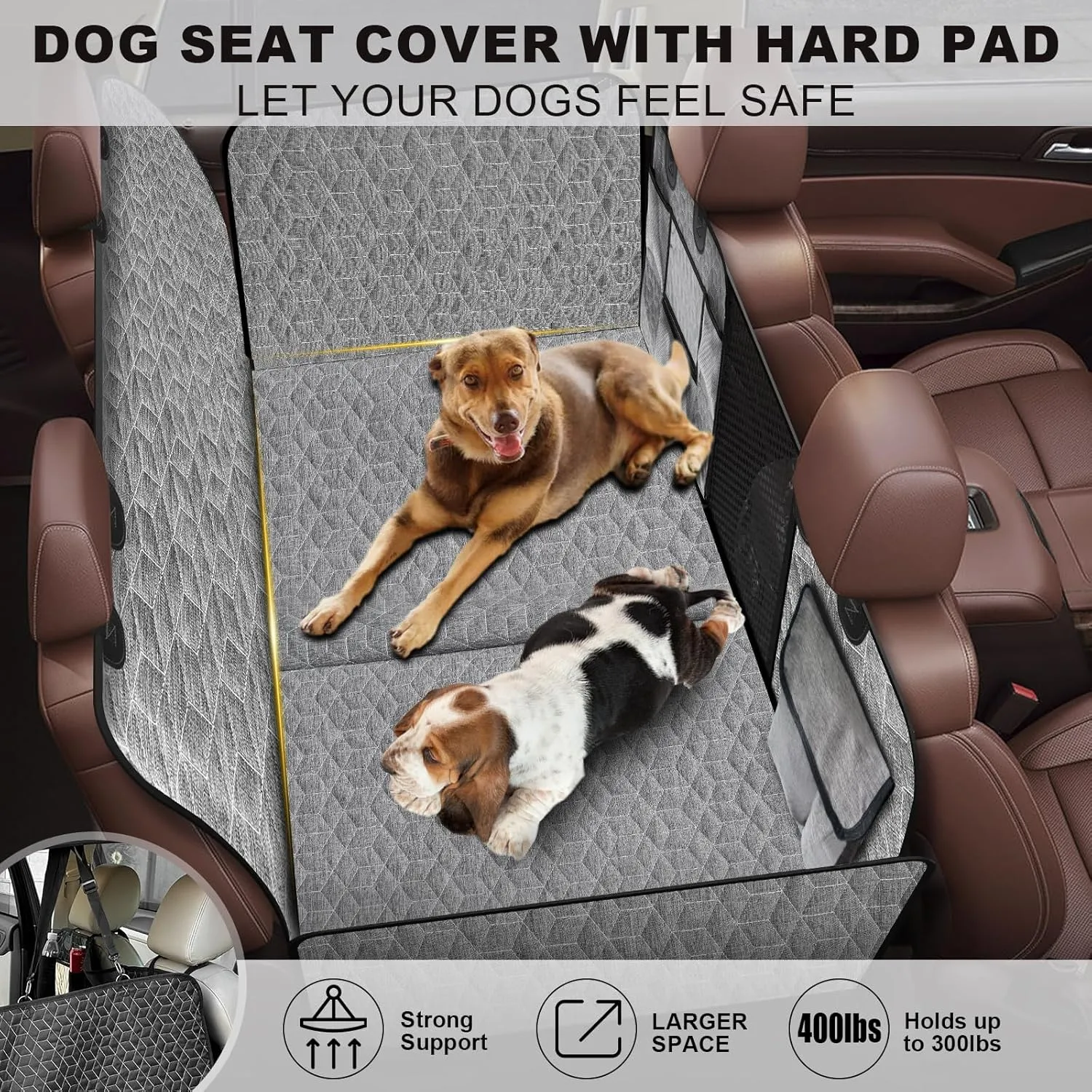 Dog Car Seat Cover Large Space for Pets 100% Waterproof Seat Cover Hammock 400lbs Heavy Duty Scratch Proof Nonslip Durable Soft Back Seat Covers for Cars Trucks and SUVs, Backseat Extender for Dogs