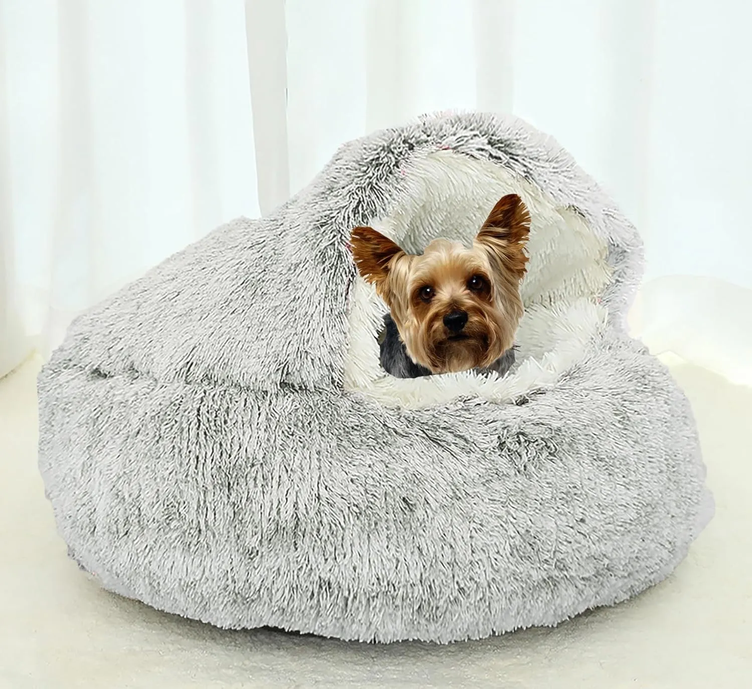 Dog Cave Bed for Small Dogs Cats Pets, Anti Anxiety Calming Plush Dog Beds, Fluffy Covered Hooded Cozy Burrow Puppy Beds, Anti-Slip Bottom Washable Pet Sleeping Bag (20" D, Coffee)