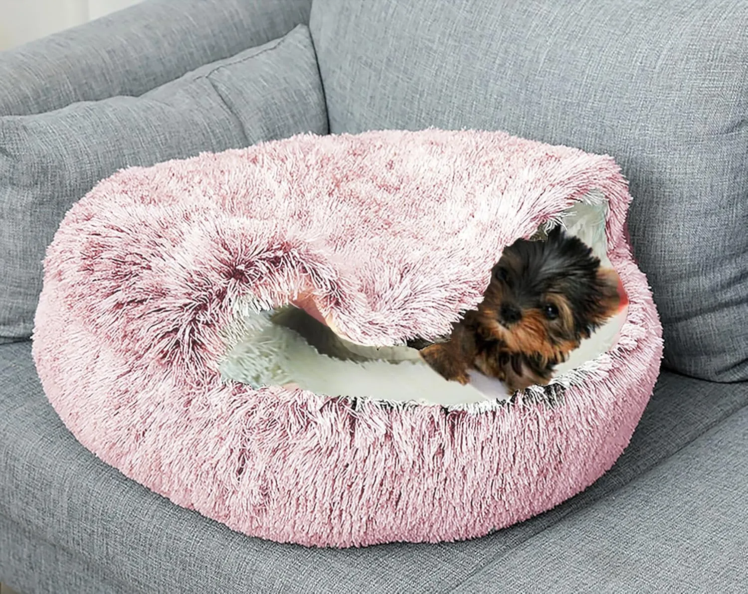 Dog Cave Bed for Small Dogs Cats Pets, Anti Anxiety Calming Plush Dog Beds, Fluffy Covered Hooded Cozy Burrow Puppy Beds, Anti-Slip Bottom Washable Pet Sleeping Bag (20" D, Pink)