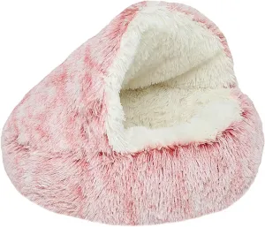Dog Cave Bed for Small Dogs Cats Pets, Anti Anxiety Calming Plush Dog Beds, Fluffy Covered Hooded Cozy Burrow Puppy Beds, Anti-Slip Bottom Washable Pet Sleeping Bag (20" D, Pink)