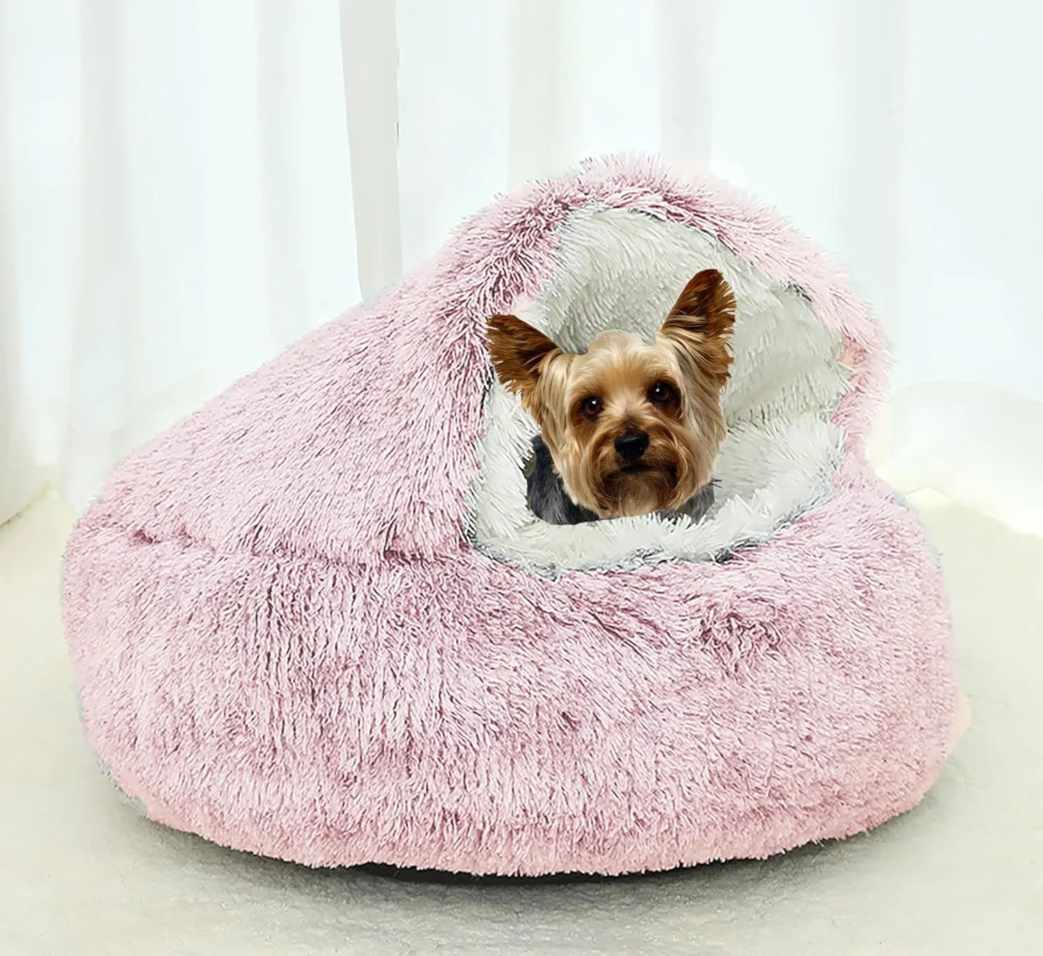 Dog Cave Bed for Small Dogs Cats Pets, Anti Anxiety Calming Plush Dog Beds, Fluffy Covered Hooded Cozy Burrow Puppy Beds, Anti-Slip Bottom Washable Pet Sleeping Bag (20" D, Pink)