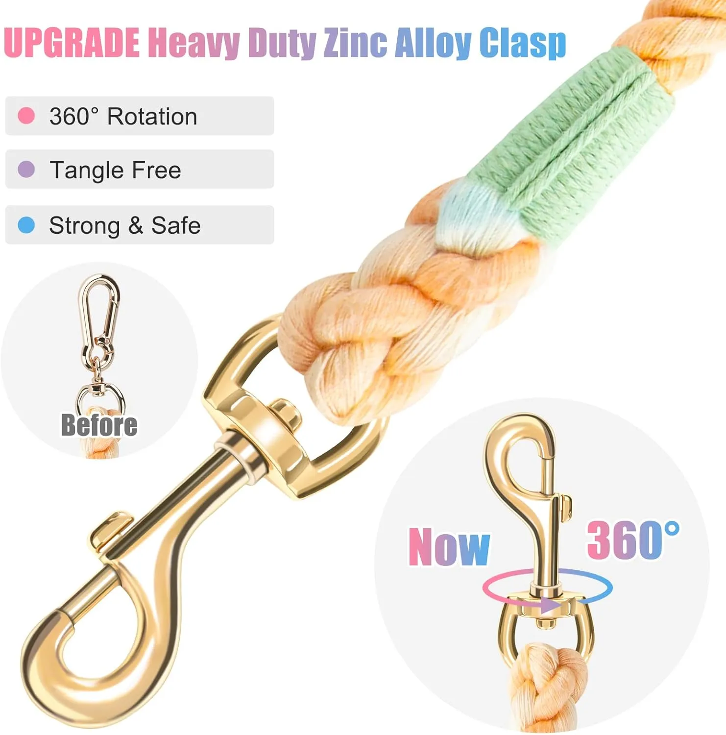 Dog Leash 5 FT Handmade Braided Cotton Rope Leashes for Small Medium and Large Dogs, New Golden Heavy Duty Metal Clasp, Colorful Macaron