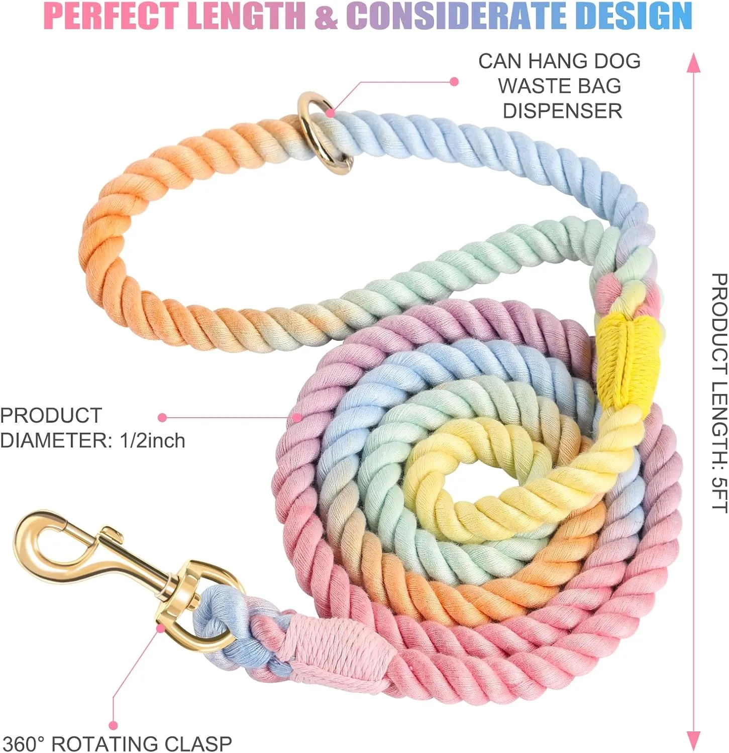 Dog Leash 5 FT Handmade Braided Cotton Rope Leashes for Small Medium and Large Dogs, New Golden Heavy Duty Metal Clasp, Colorful Macaron