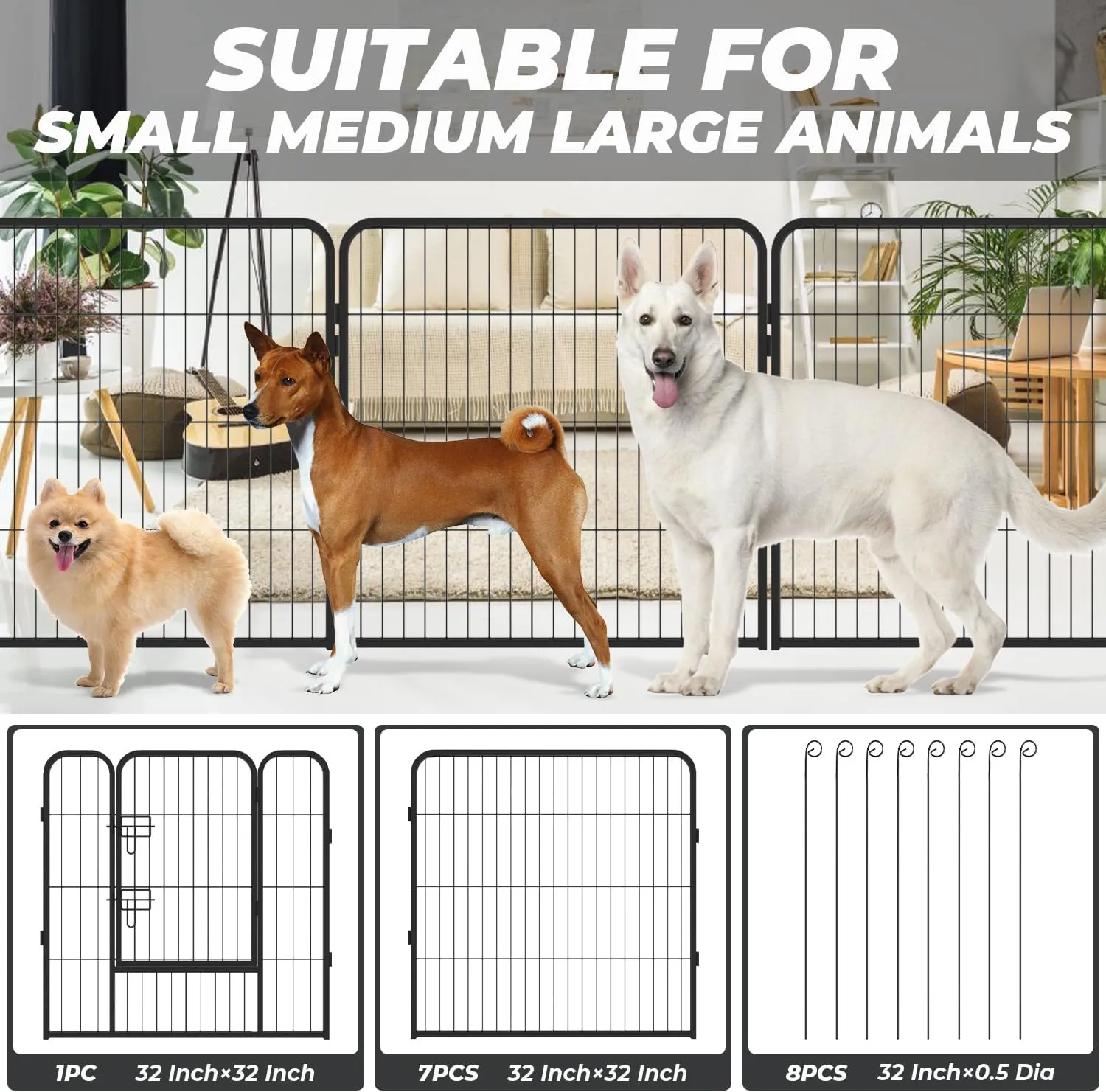 Dog Playpen, Pet Gate Puppy Playpen Large Dog Kennel Dog Fence 32 Inch Fence Exercise Pen Gate Foldable 8 Panels with Door Options Ideal for Pet Animals Outdoor Indoor (32 Inch)