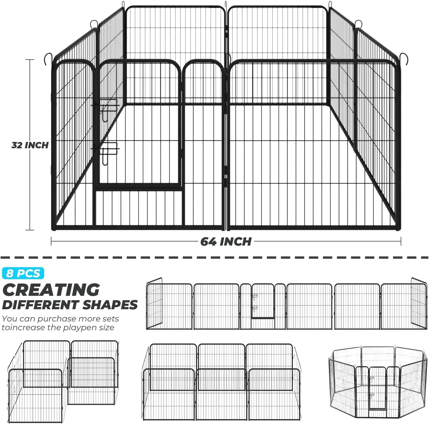 Dog Playpen, Pet Gate Puppy Playpen Large Dog Kennel Dog Fence 32 Inch Fence Exercise Pen Gate Foldable 8 Panels with Door Options Ideal for Pet Animals Outdoor Indoor (32 Inch)
