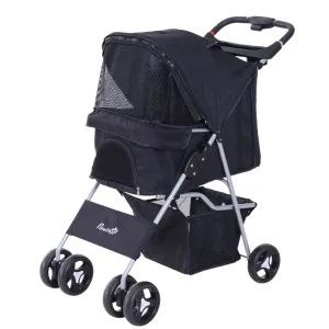Dog Stroller for Mini and Small Dogs with 3 Zippered Nets, Foldable Pet Stroller in Steel and Oxford Fabric, 75x46x94 cm, Black