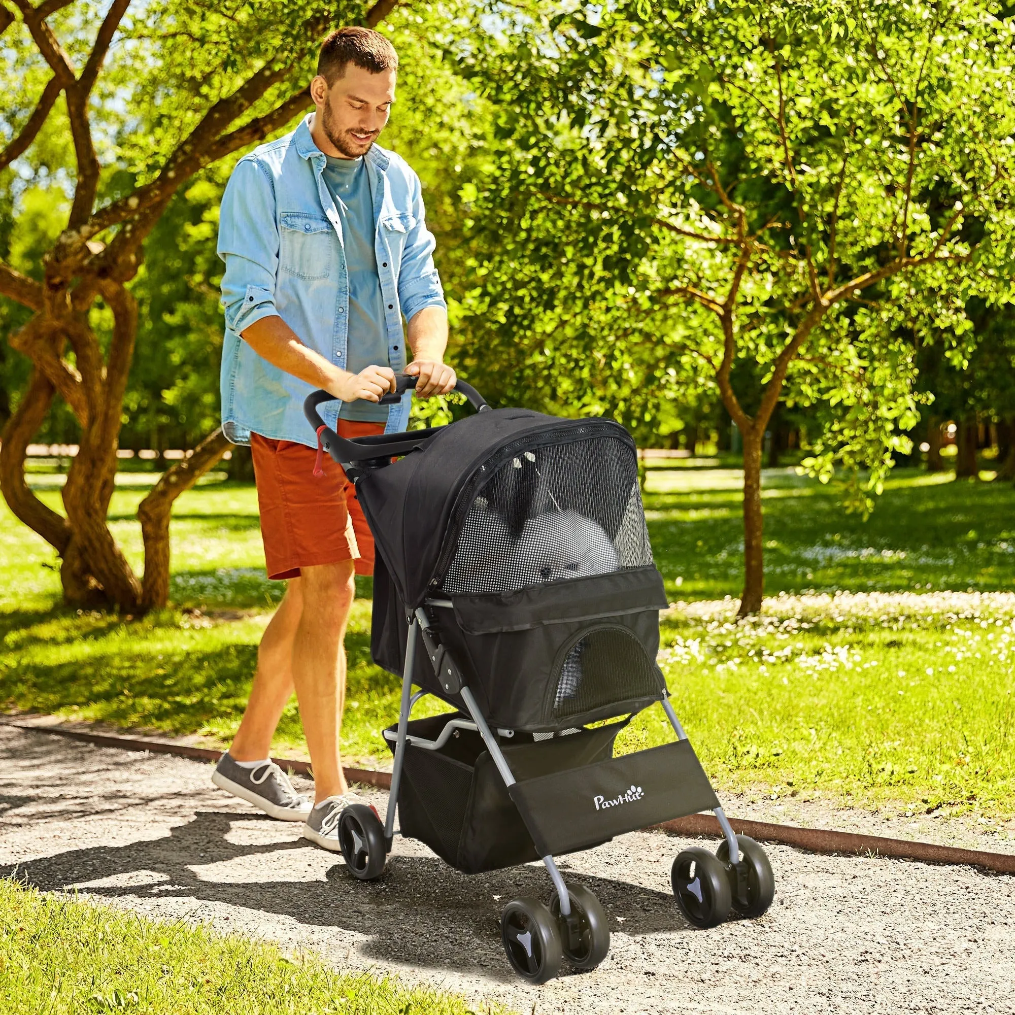 Dog Stroller for Mini and Small Dogs with 3 Zippered Nets, Foldable Pet Stroller in Steel and Oxford Fabric, 75x46x94 cm, Black
