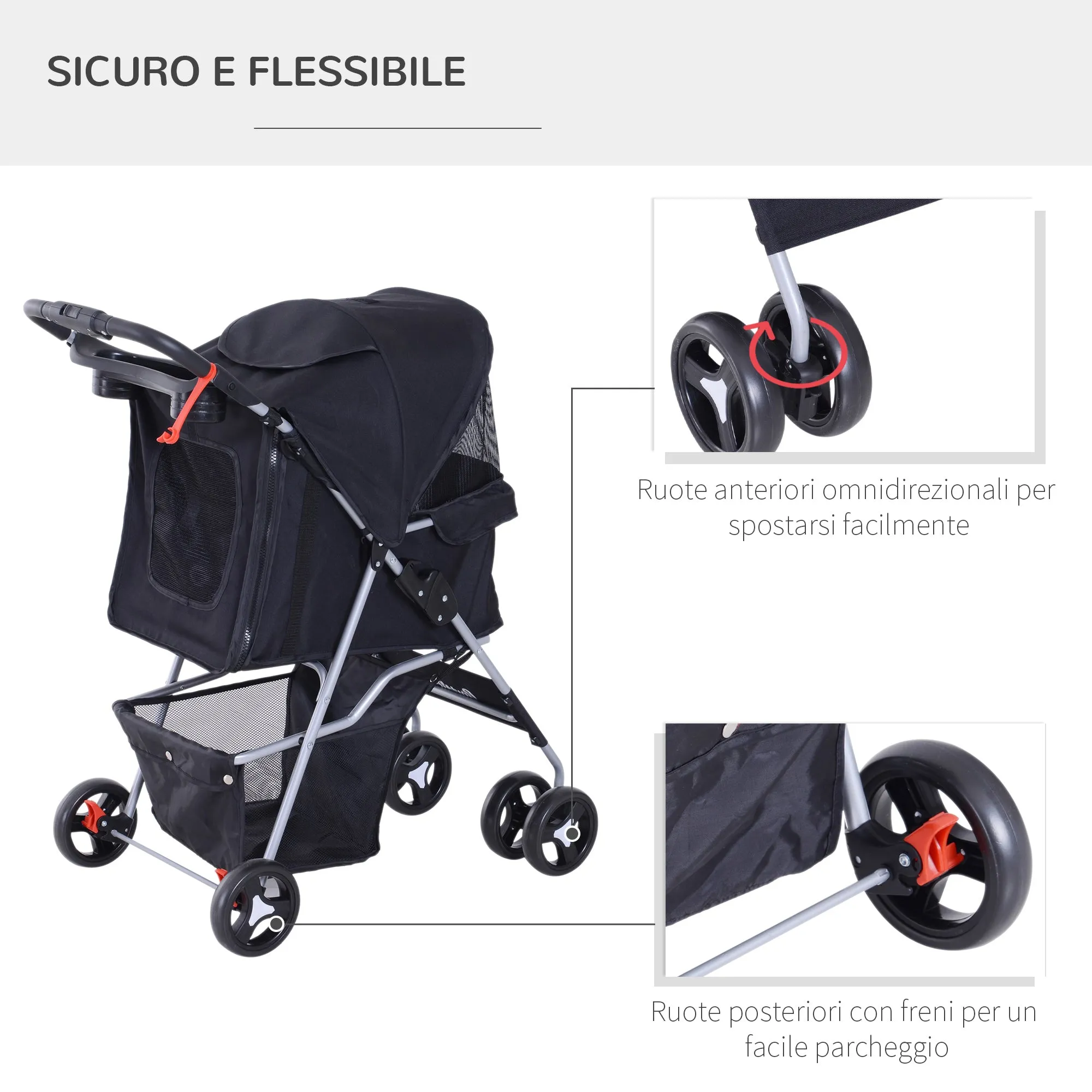 Dog Stroller for Mini and Small Dogs with 3 Zippered Nets, Foldable Pet Stroller in Steel and Oxford Fabric, 75x46x94 cm, Black