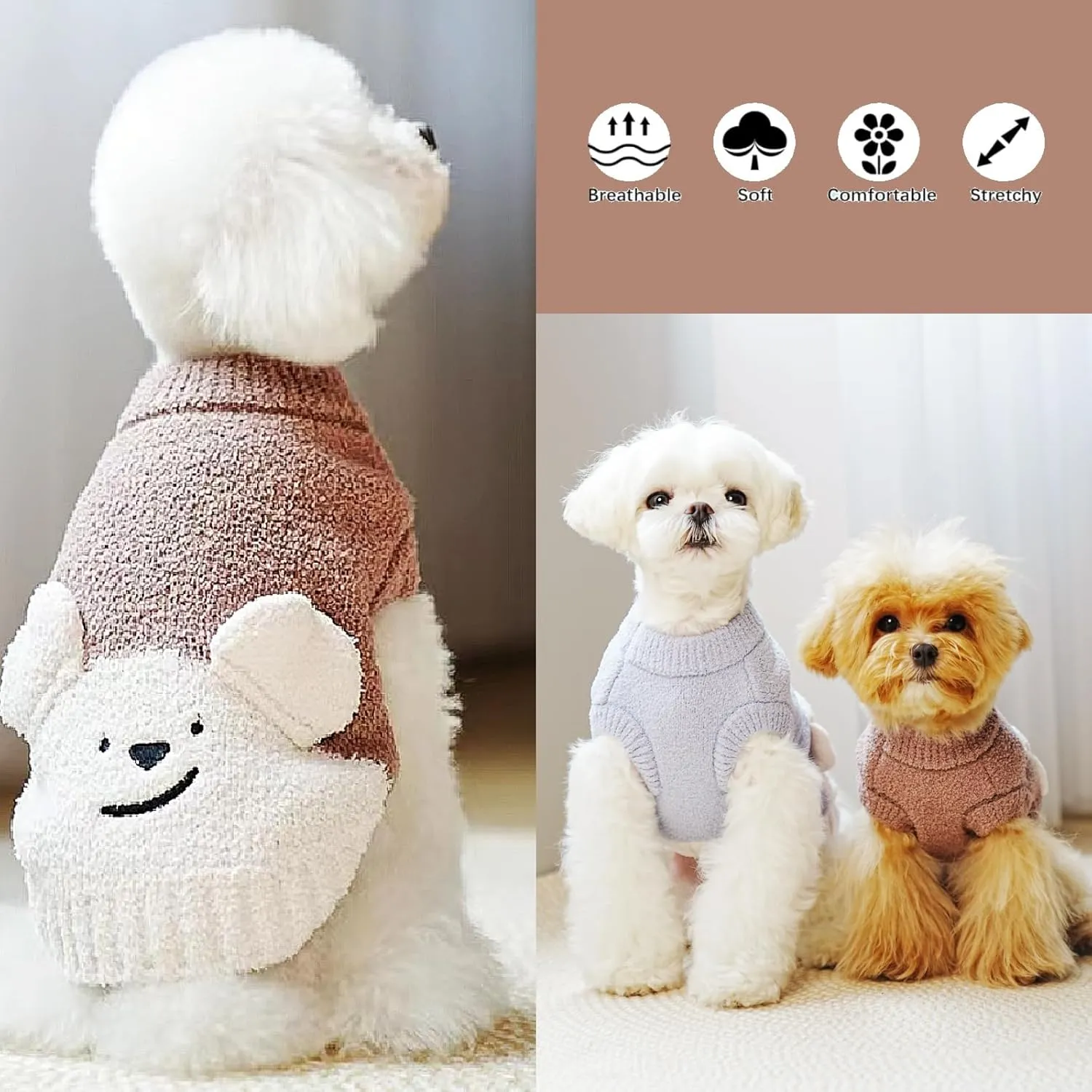 Dog Sweaters for Small Dogs, Dog Pullover Fleece Sweater for Small Mdium Dog, Stretchy Thick Dog Sweater for Small Dog, Dog Outfit for Girl Boy, Comfy Warm Dog Clothes for Cold Weather Brown Medium