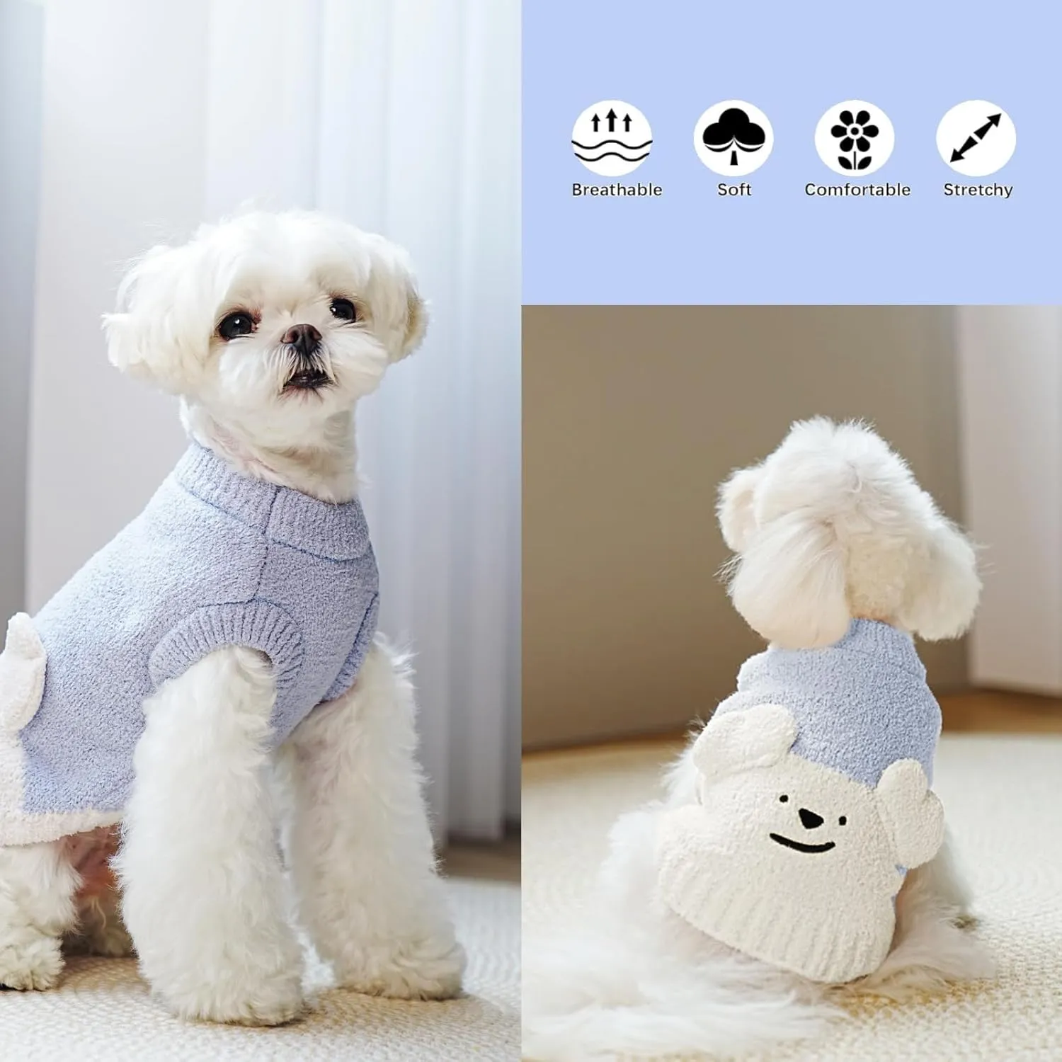 Dog Sweaters for Small Dogs, Dog Pullover Fleece Sweater for Small Mdium Dog, Stretchy Thick Dog Sweater for Small Dog, Dog Outfit for Girl Boy, Comfy Warm Dog Clothes for Cold Weather Sky Blue Medium