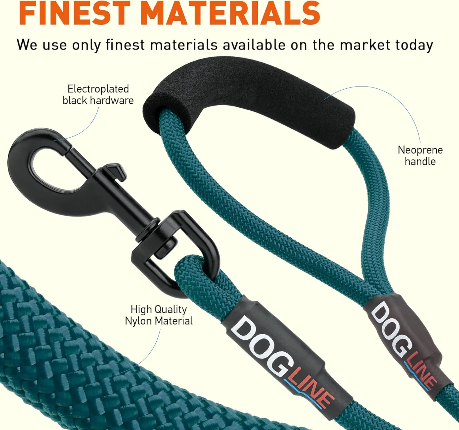Dogline Round Nylon Leash - Heavy Duty Dog Rope Lead with Soft Neoprene Handle for Small, Medium and Large Dogs, W 1/4" x L 6 ft - Dark Teal