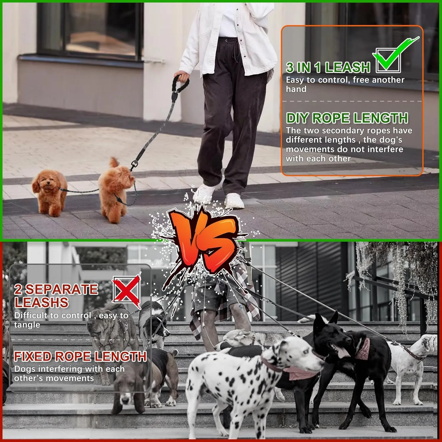 Double Dog Leash, Dual Dog Leash, 360 Swivel No Tangle Walking Training Two Dog Leash, Comfortable Shock Absorbing Climbing Reflective Leash for Small Medium and Large Dogs