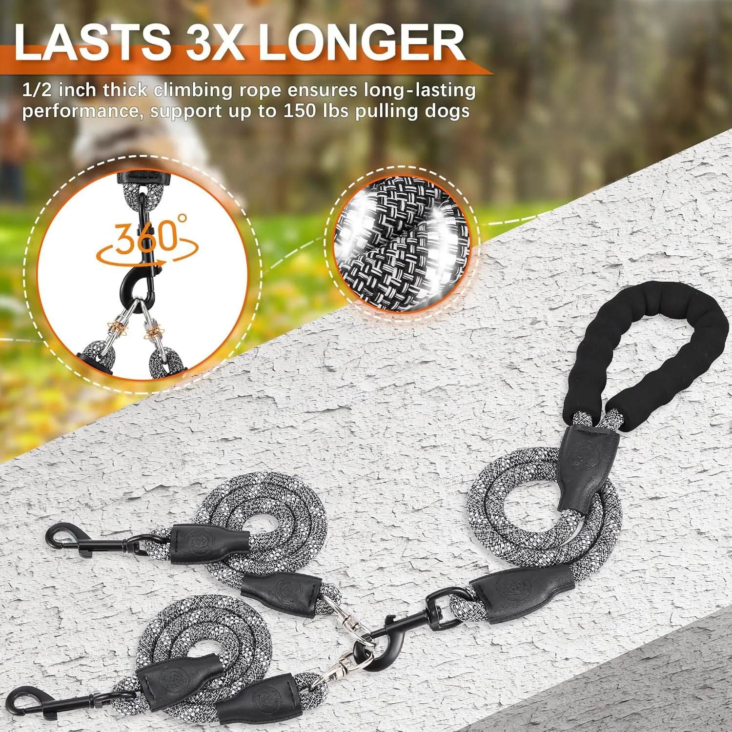 Double Dog Leash, Dual Dog Leash, 360 Swivel No Tangle Walking Training Two Dog Leash, Comfortable Shock Absorbing Climbing Reflective Leash for Small Medium and Large Dogs