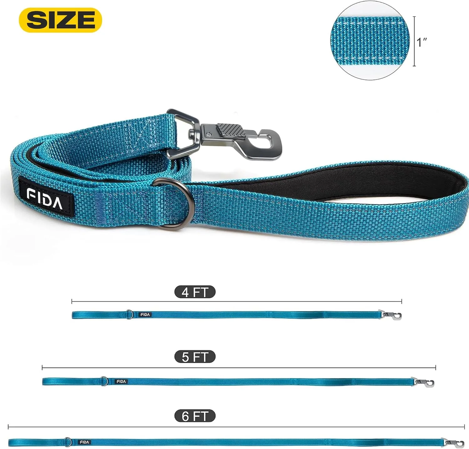 Fida 4 FT Heavy Duty Dog Leash with 2 Comfortable Padded Handles, Traffic Handle & Advanced Easy Snap Hook, Reflective Walking Lead for Large, Medium & Small Breed Dogs, Blue