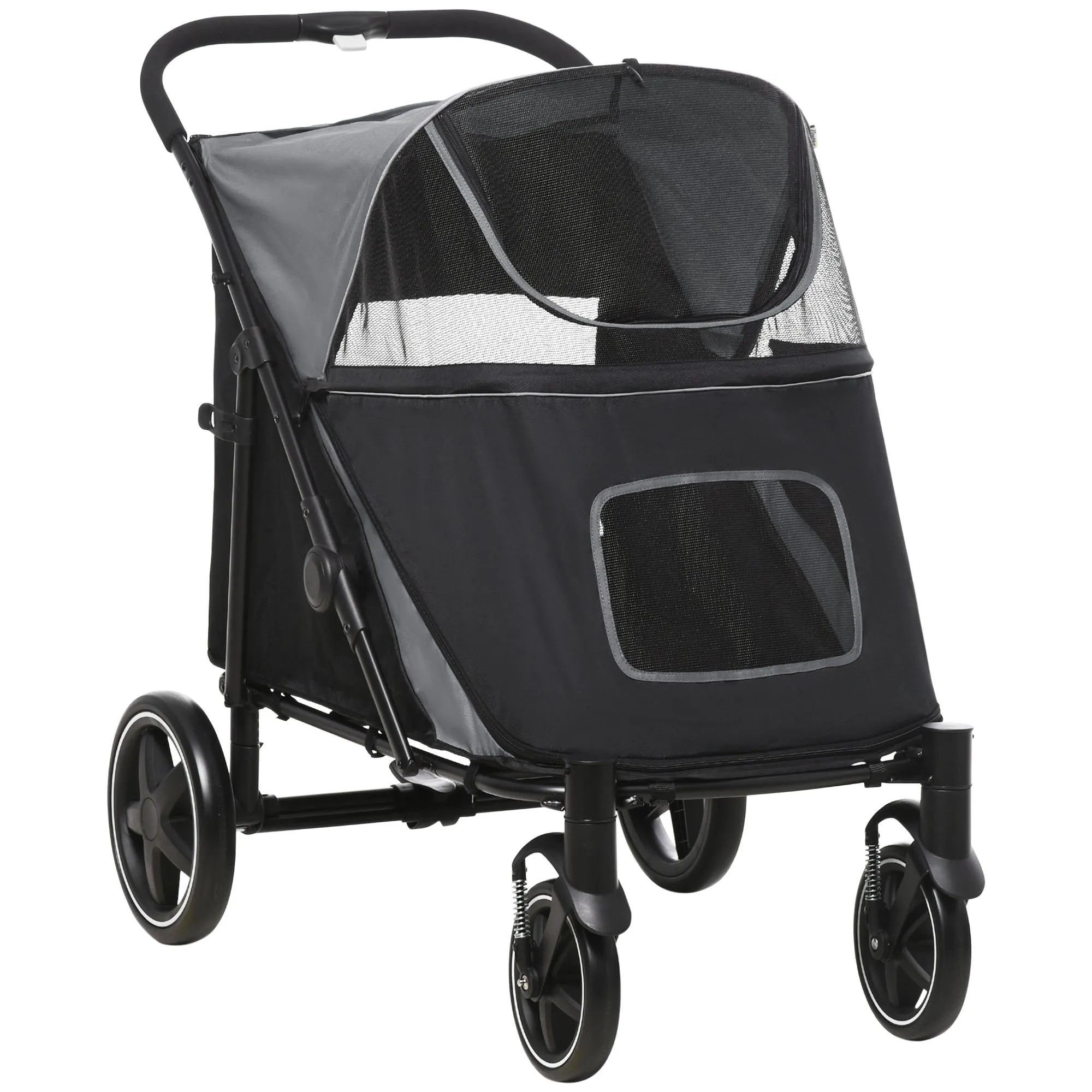 Foldable Dog Stroller with Zipper Entrances and Mesh Windows, 112x65x100 cm, Dark Gray and Black