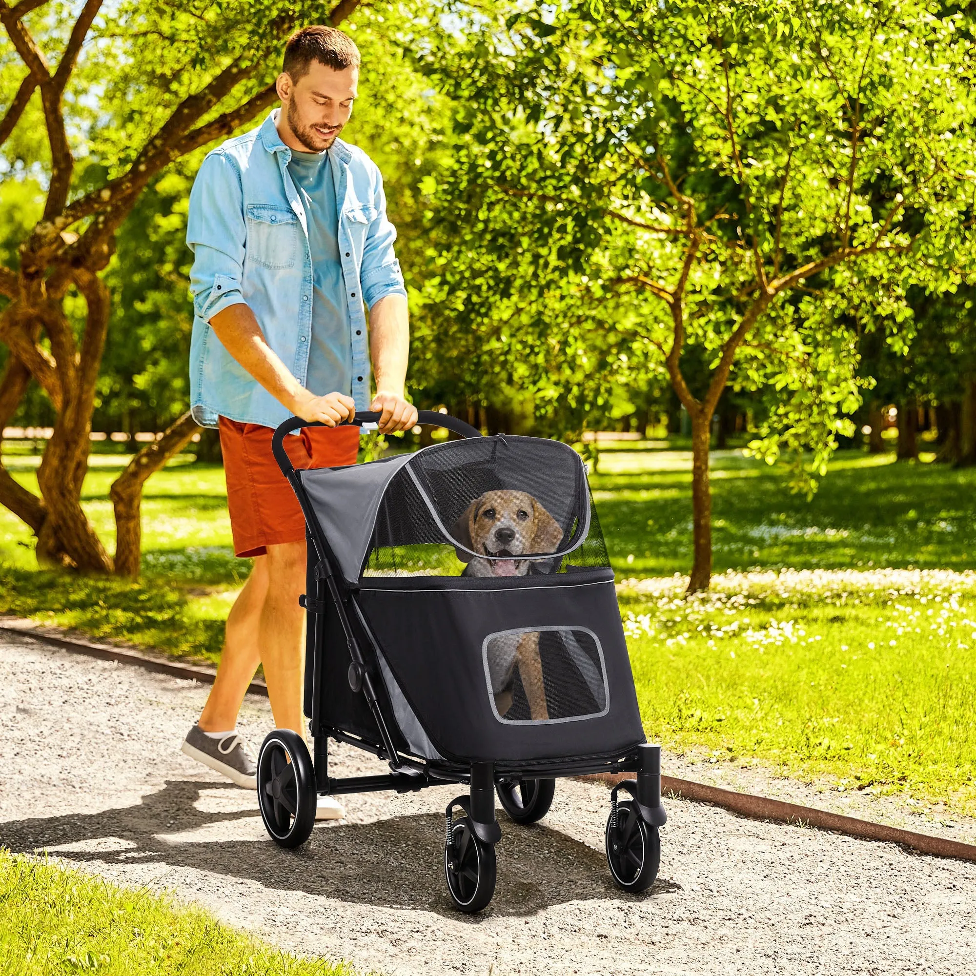 Foldable Dog Stroller with Zipper Entrances and Mesh Windows, 112x65x100 cm, Dark Gray and Black