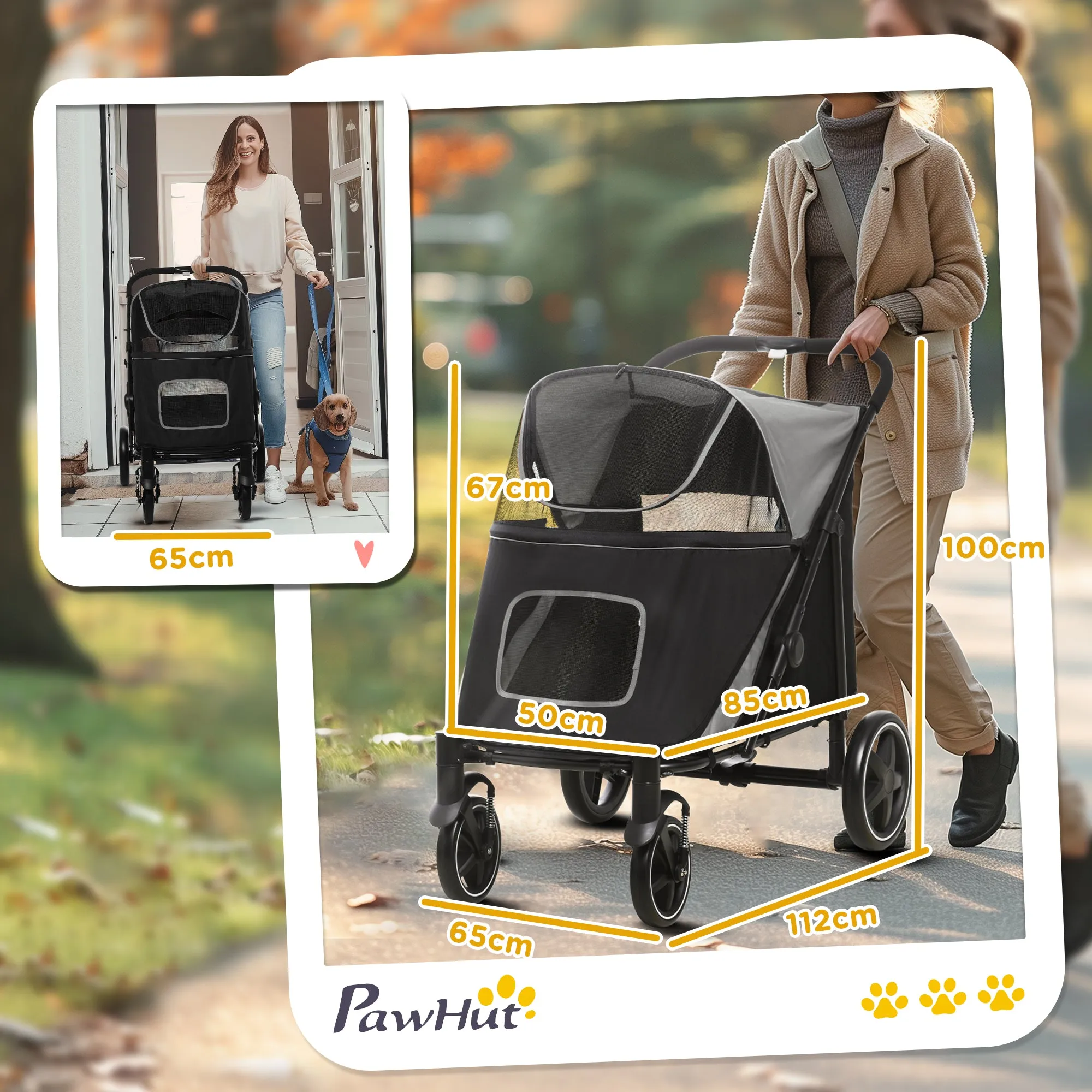 Foldable Dog Stroller with Zipper Entrances and Mesh Windows, 112x65x100 cm, Dark Gray and Black