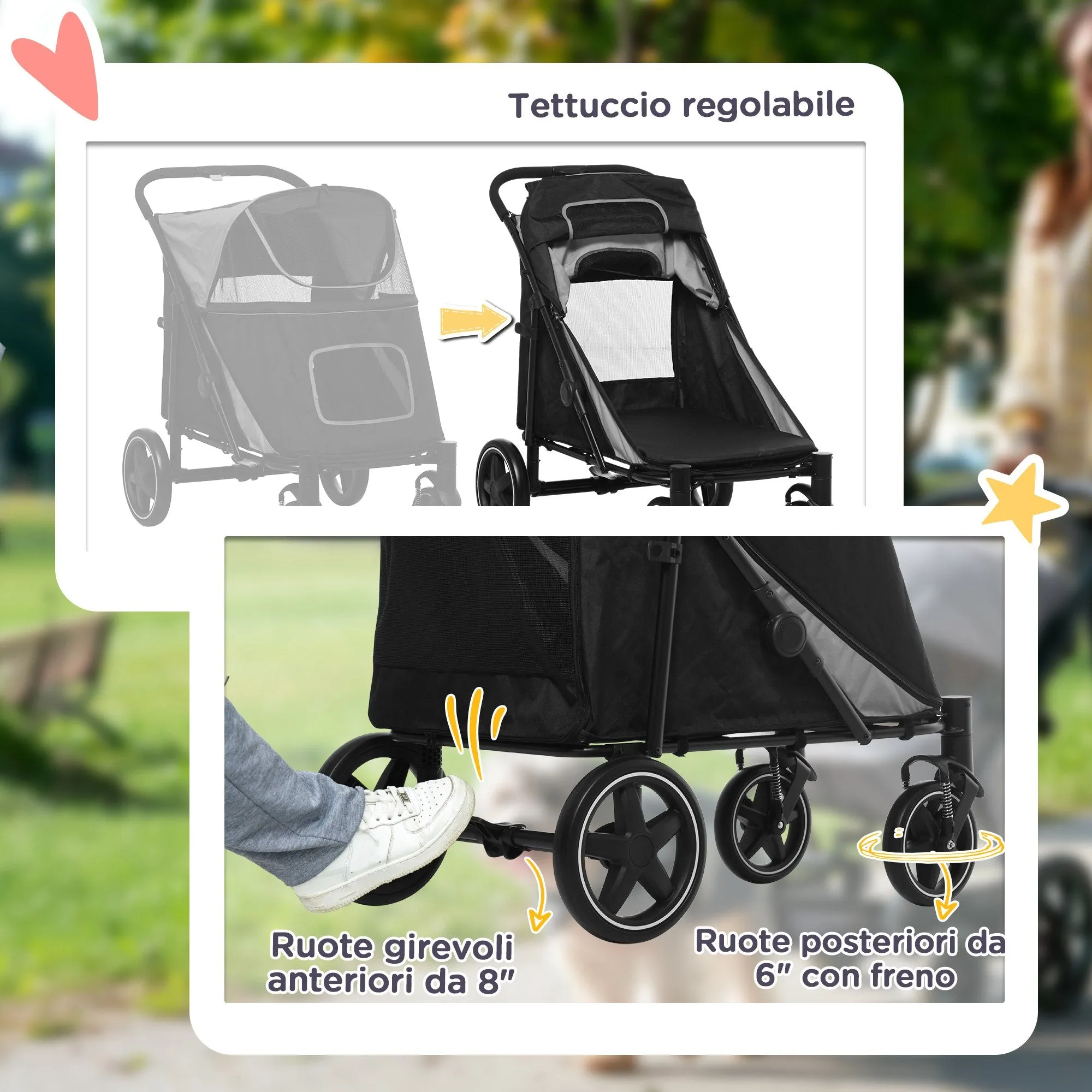 Foldable Dog Stroller with Zipper Entrances and Mesh Windows, 112x65x100 cm, Dark Gray and Black