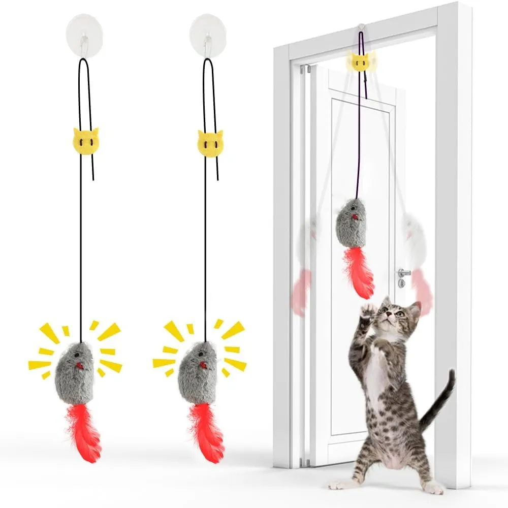 FYNIGO Self Play Cat Toys,2 Pack Door Hanging Cat Mouse Toy with Squeaky Sound,No Batteries Required,Interactive Cat Enrichment Toys for Bored Indoor Adult Cats,Cat Boredom Toys Mice with Feather Tail