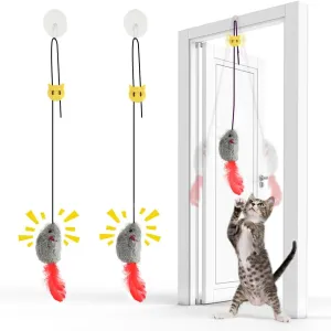 FYNIGO Self Play Cat Toys,2 Pack Door Hanging Cat Mouse Toy with Squeaky Sound,No Batteries Required,Interactive Cat Enrichment Toys for Bored Indoor Adult Cats,Cat Boredom Toys Mice with Feather Tail