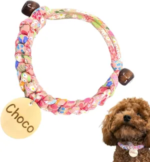 Handmade Floral Cotton Pet Collar with 2 Engraved Wooden Tags  Cute & Customizable Pink Braided Rope for Puppy, Dogs & Cats (S to 4XL), Soft, Lightweight, No-Buckle, Personalized, Made in USA