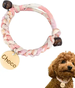 Handmade Soft Pink Floral Rope Pet Collar with 2 Custom Engraved Wooden Tags  Cute Personalized & Adjustable Slip-On Lightweight & Comfortable Cotton for Puppy, Dogs & Cats, No Buckle, S to 4XL