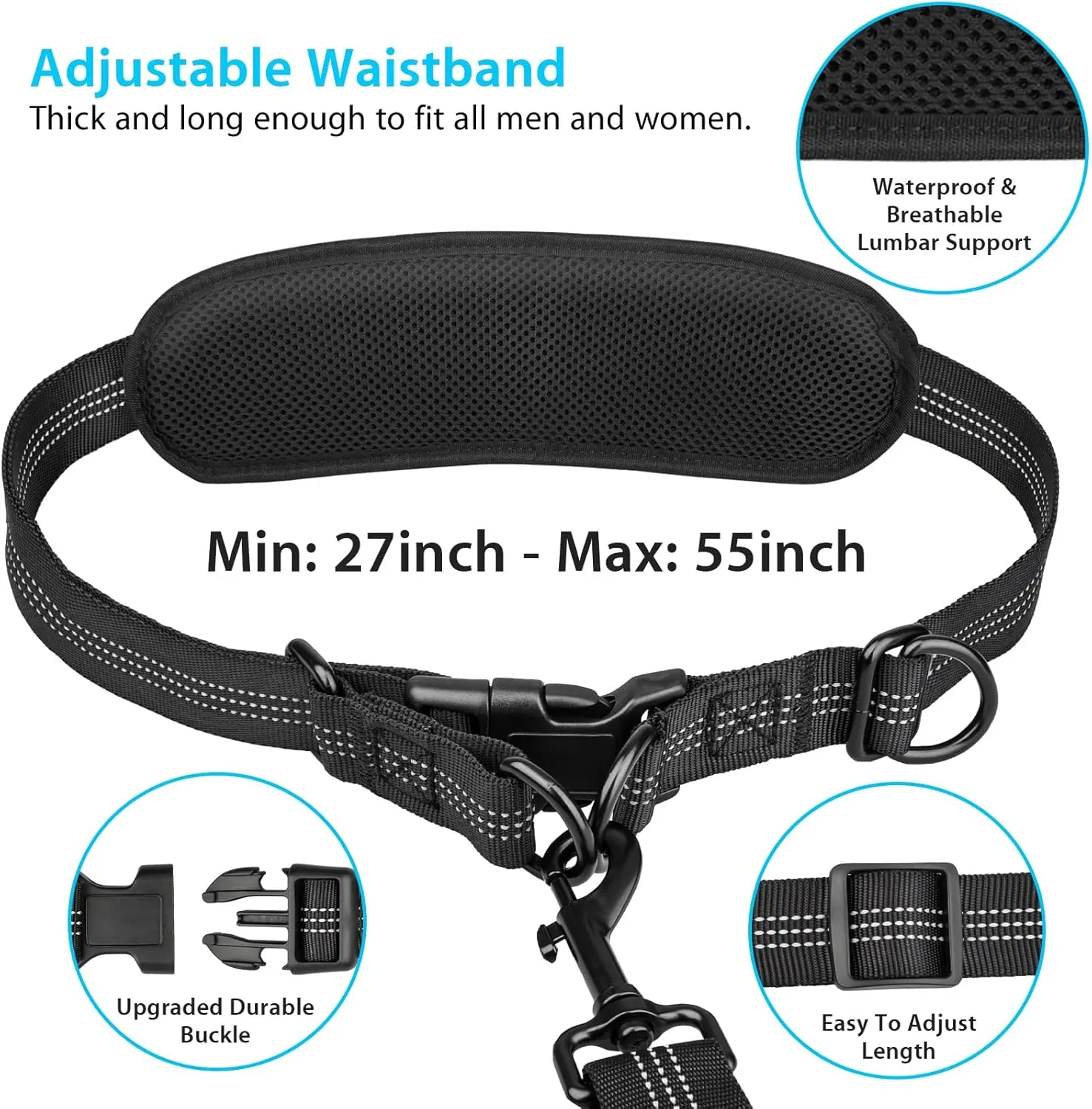 Hands Free Dog Running Leash with Adjustable Waist Belt, Dual Handle Elastic Bungees Retractable Rope for Small and Medium Dogs, Reflective Stitches for Walking Hiking Biking (Medium, 8-25lb)