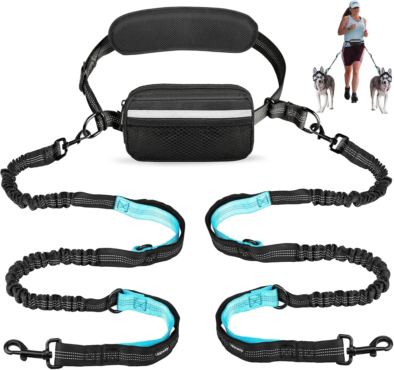 Hands Free Dog Running Leash with Adjustable Waist Belt, Dual Handle Elastic Bungees Retractable Rope for Small and Medium Dogs, Reflective Stitches for Walking Hiking Biking (Medium, 8-25lb)