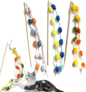 IUHKBH Cat Wands, 3 PCS Interactive Cat Teaser Wand with Vibrant Colours and Bell Plush Srtip Kitten Toys Unbreakable Wooden Handle Kitty Toy for All Breed Sizes