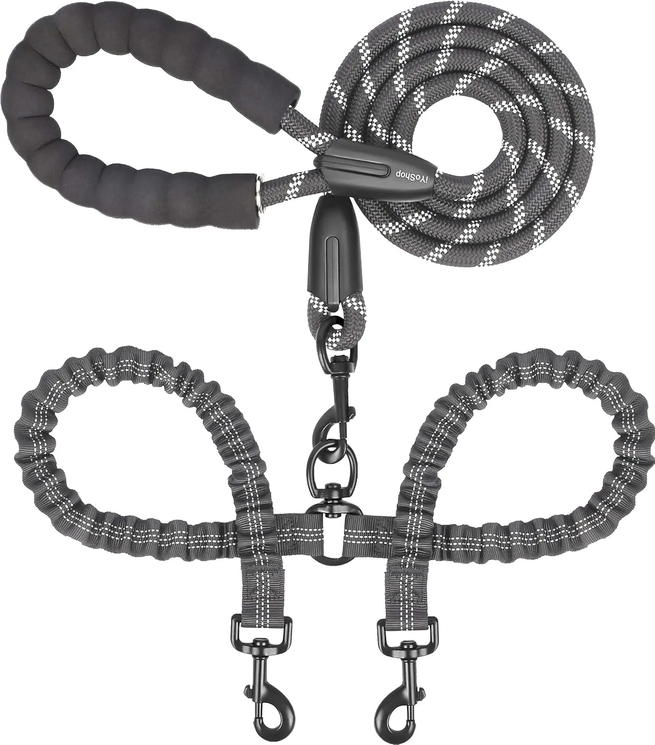 iYoShop Dual Dog Leash - 360 Swivel, No Tangle Walking Leash with Shock Absorbing Bungee for Two Dogs (Medium, 8-35 lbs, Black)