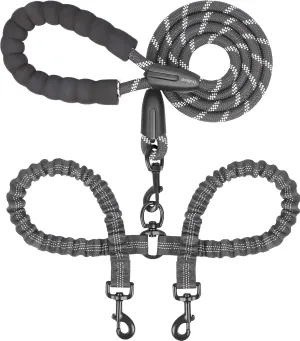 iYoShop Dual Dog Leash - 360 Swivel, No Tangle Walking Leash with Shock Absorbing Bungee for Two Dogs (Medium, 8-35 lbs, Black)