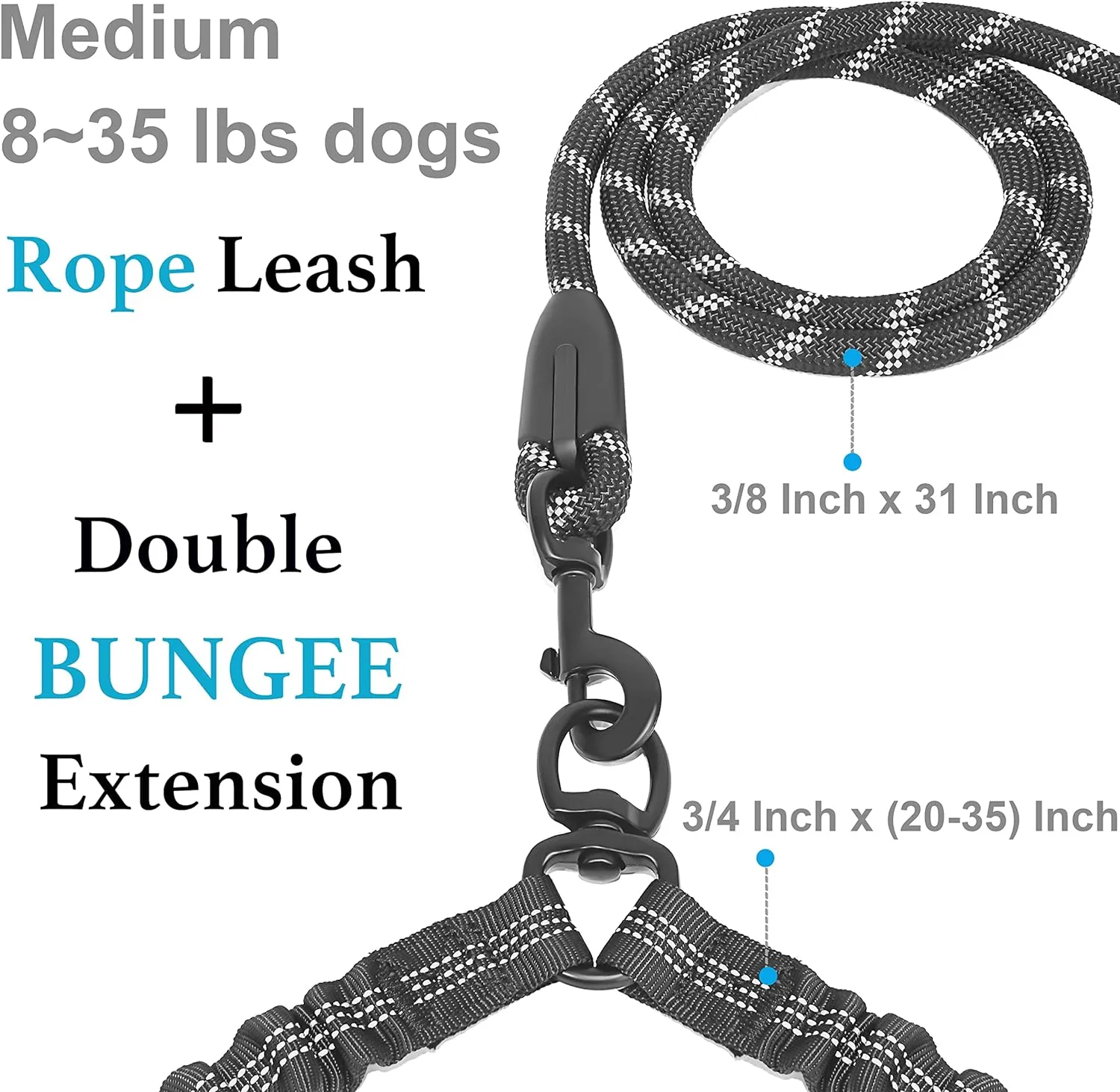 iYoShop Dual Dog Leash - 360 Swivel, No Tangle Walking Leash with Shock Absorbing Bungee for Two Dogs (Medium, 8-35 lbs, Black)