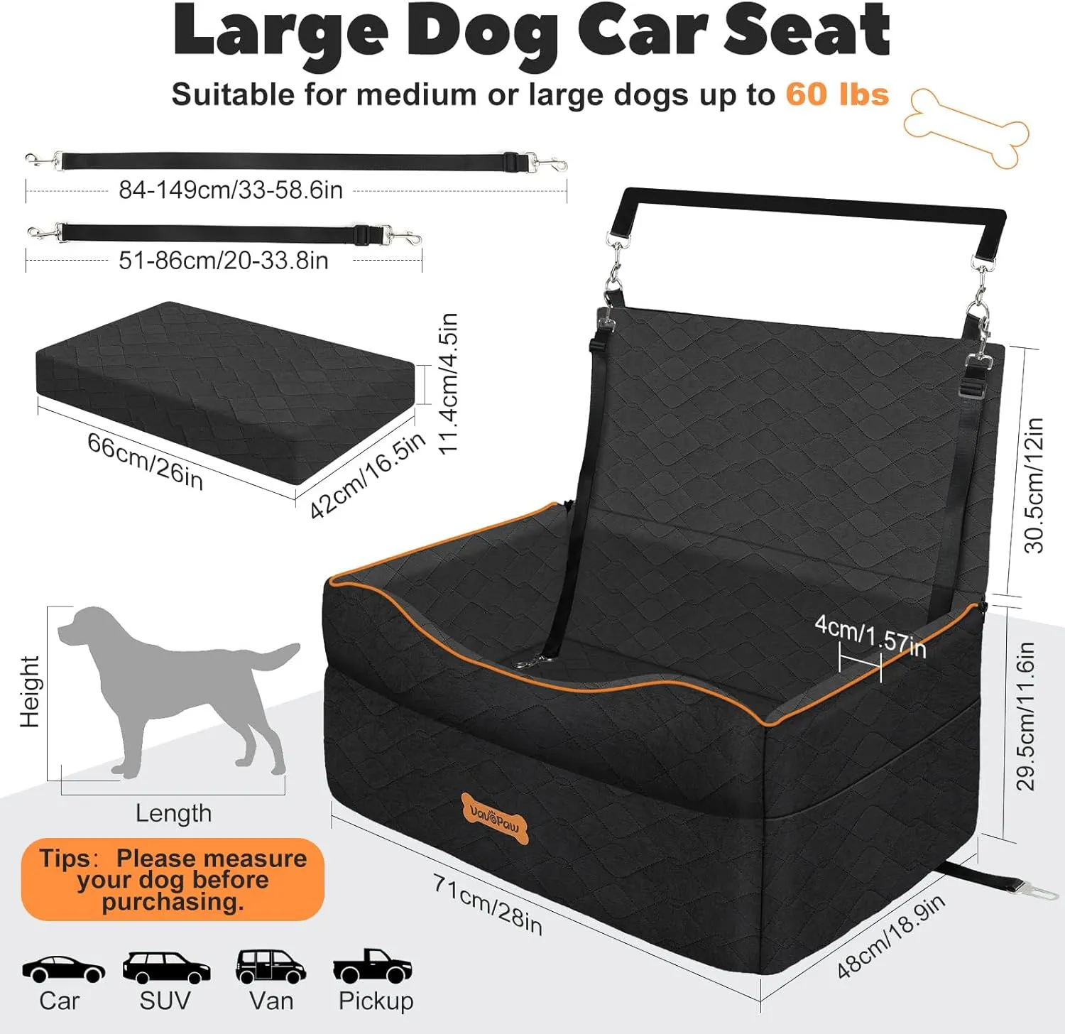 Large Medium Dog Car Seat, Dog Booster Seat Under 60Lbs or 2 Small Dogs Washable, Pet Car Seats with 2 Safety Leash, Dogs Sofa Bed Cushion Add Thick Sponge, Pet Cars Carrier for Travel, Black