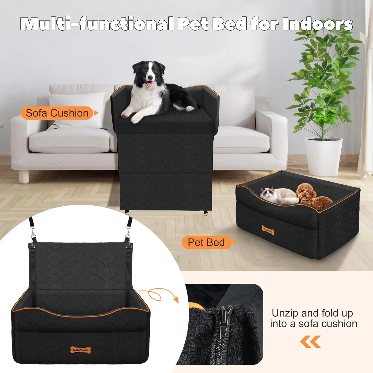 Large Medium Dog Car Seat, Dog Booster Seat Under 60Lbs or 2 Small Dogs Washable, Pet Car Seats with 2 Safety Leash, Dogs Sofa Bed Cushion Add Thick Sponge, Pet Cars Carrier for Travel, Black
