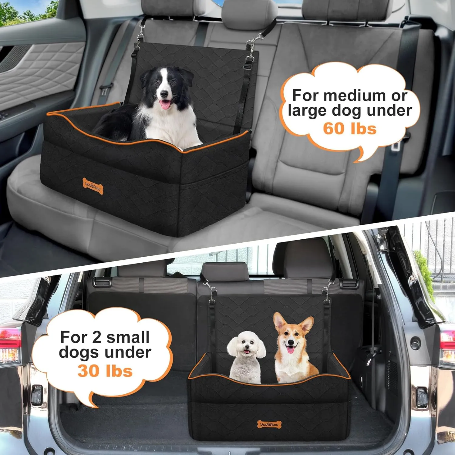 Large Medium Dog Car Seat, Dog Booster Seat Under 60Lbs or 2 Small Dogs Washable, Pet Car Seats with 2 Safety Leash, Dogs Sofa Bed Cushion Add Thick Sponge, Pet Cars Carrier for Travel, Black