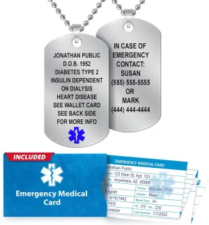 Medical Alert Dog Tags Necklace for Men - Customizable Laser Engraved 18 Lines, Stainless Steel Beaded 27 Chain with Emergency Medical Card & Personal Health Record Access