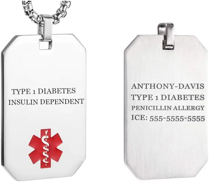 Medical Alert ID Necklace - Stainless Steel Medical ID Dog Tag - Medical Emergency Identification Pendant Chain Necklace 24"/26"/28" Free Engraving